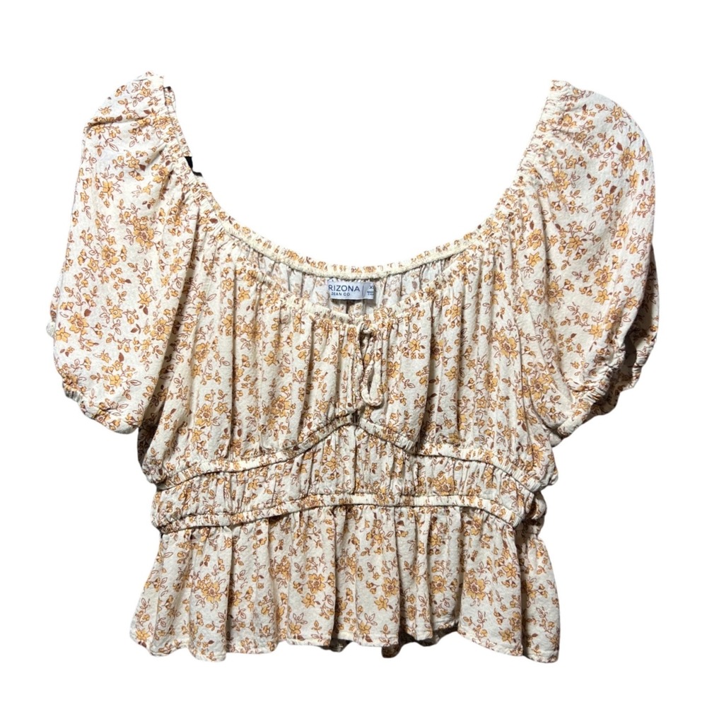 Arizona Jean Co Floral Peasant Top XL Cream Yellow Smocked Peplum Puff Sleeve